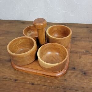 Wooden Caddy 4pcs Bowl with Serving Tray Set Brown Condiment Holder Light Weight